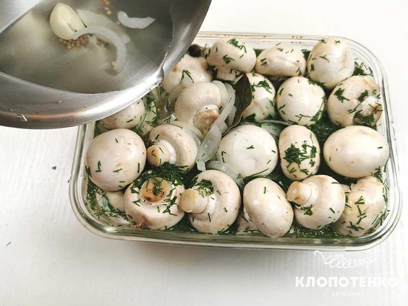 Полученным маринадом залейте емкость с шампиньонами