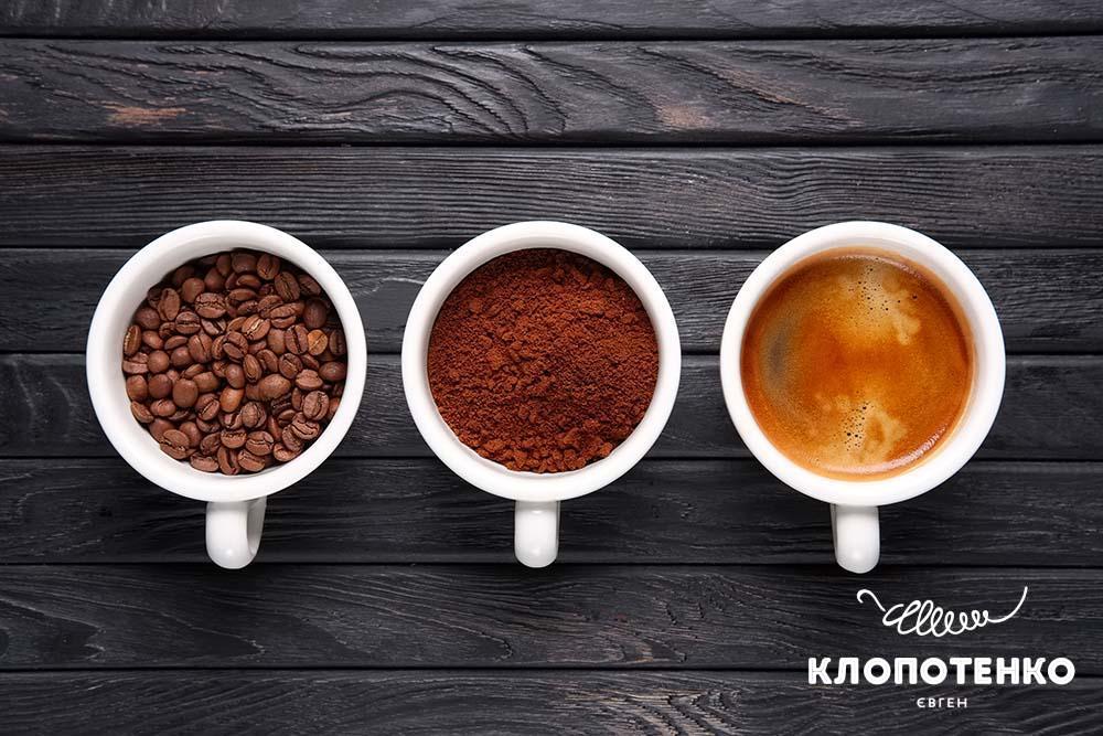 Кава в зернах, мелена та зварена кава у чашкаї