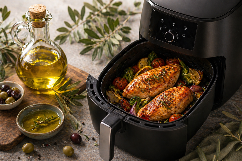 м'ясо в аерогрилі і оливкова олія