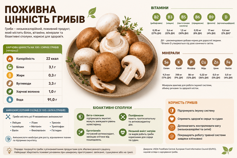 інфографіка поживної цінності грибів