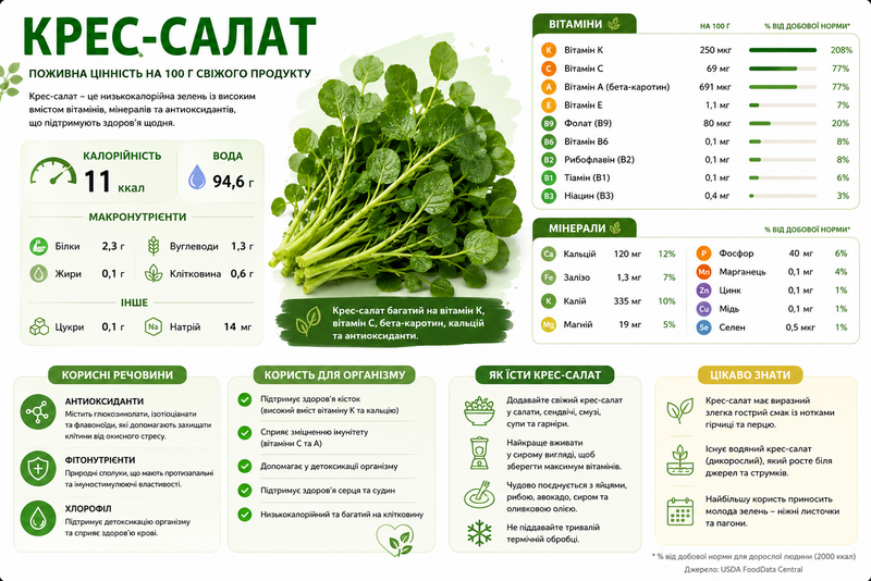 інфографіка поживної цінності крес-салату